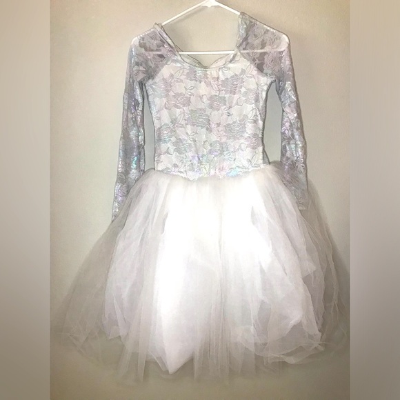 White/Silver ballet costume with long tulle skirt - Picture 3 of 5